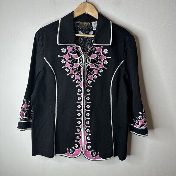 Bob Mackie Jacket Wearable Art Womens XL Black Pink Floral Embroidery Cut Out - Picture 1 of 10